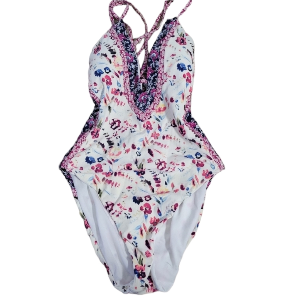 Lucky Brand Floral One Piece Swimsuit - White and Pink